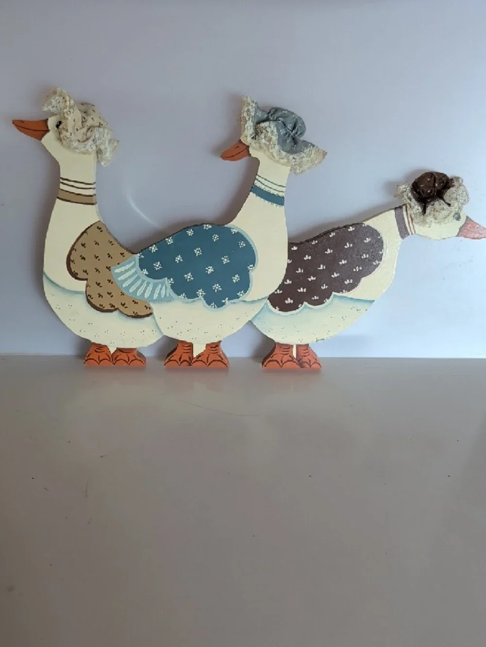 2 Wooden Decorative Ducks / Geese Wall Decor, Blue, Brown and Tan.